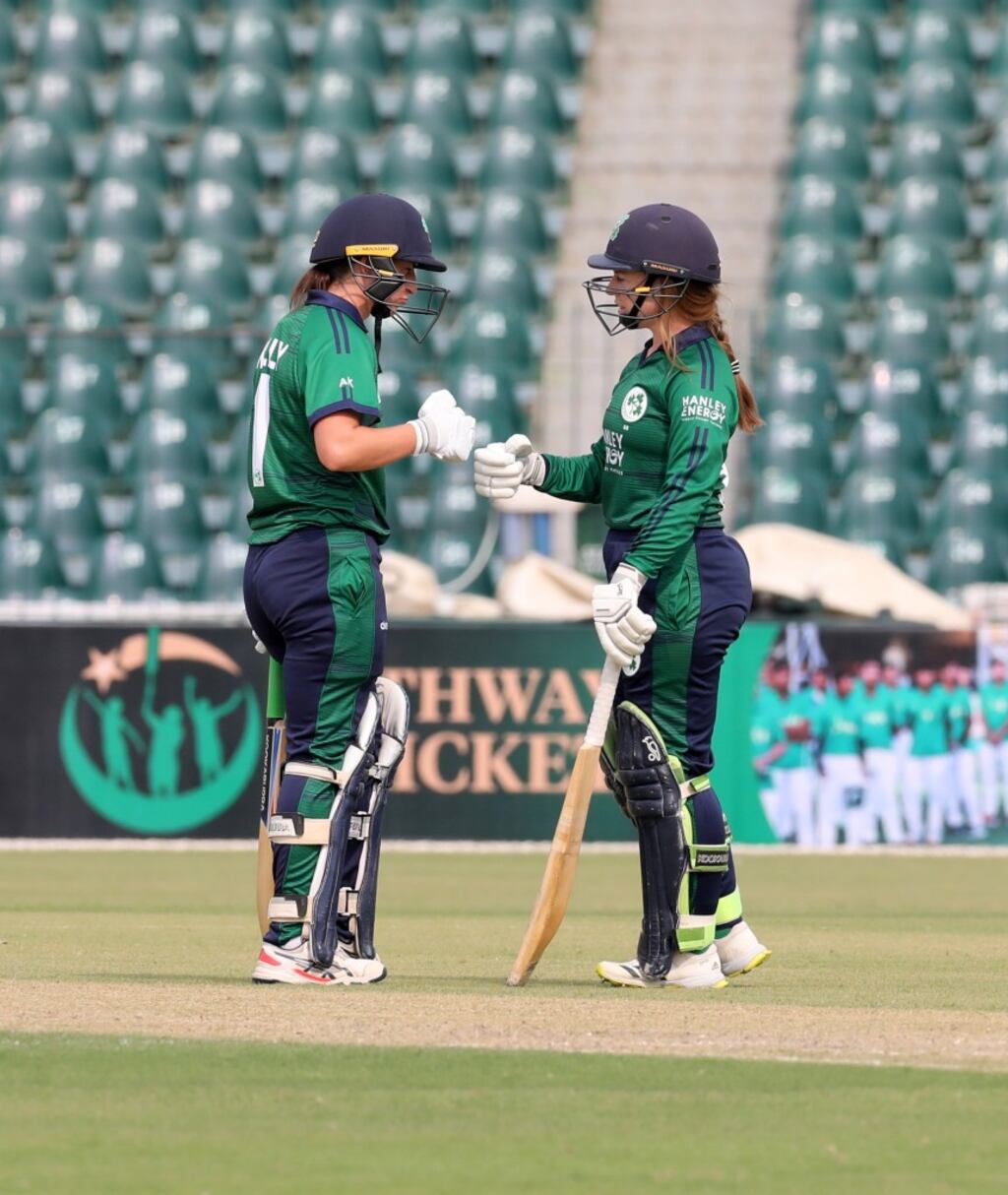 Arlene Kelly and Mary Waldron during Ireland’s ODI defeat to Pakistan on Sunday. Photograph: Cricket Ireland