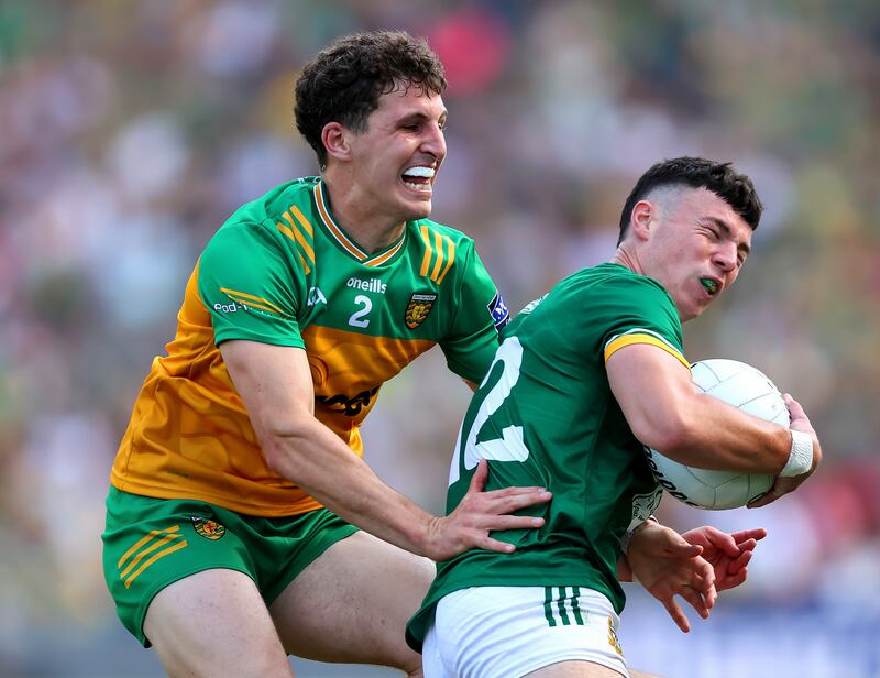 Meath's Keith Curtis with Donegal's Finnbarr Roarty. Photograph: Tom O’Hanlon/Inpho