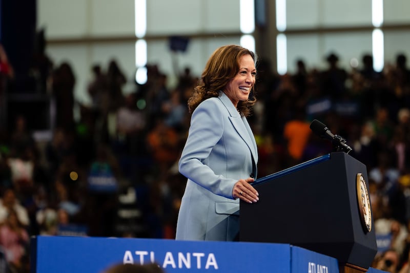 US vice-president Kamala Harris, the presumptive Democratic nominee for president, speaks at a campaign rally in Atlanta on Tuesday. Photograph: Erin Schaff/New York Times