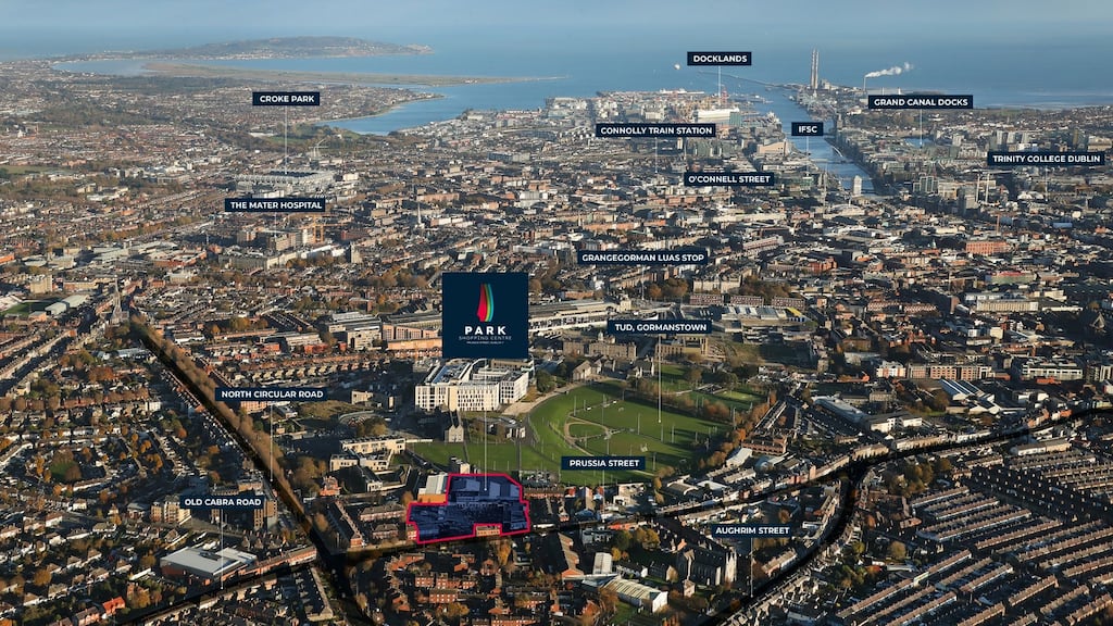 An aerial view of  Park Shopping Centre shows its position immediately adjacent to  TUD’s Grangegorman campus
