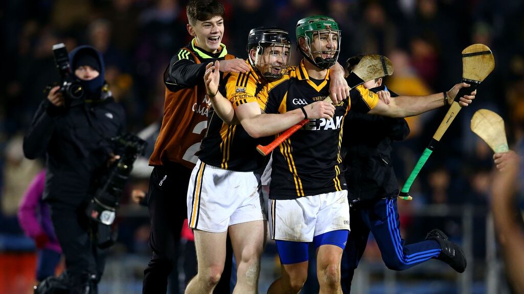 Ballyea’s Tony Kelly and Cathal Doohan celebrate defeating St Thomas to reach  the All-Ireland club final in 2017. Kelly scored 1-11 from play against Cratloe earlier this season. Photograph: Cathal Noonan/Inpho