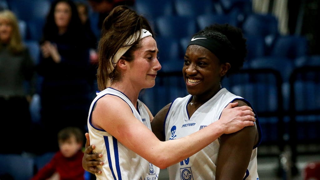 Glanmire’s Gráinne Dwyer celebrates with Chantell Alford after the National Cup final victory over Courtyard Liffey Celtics at the National Arena in Tallaght. Photograph: Tommy Dickson/Inpho
