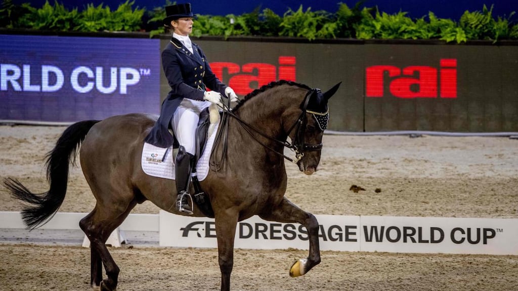 Judy Reynolds rides her horse Vancouver K during the FEI World Cup dressage competition at the Jumping Amsterdam 2019 tournament. Photograph: Robin Utrecht/AFP/Getty Images