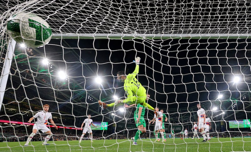 Evan Ferguson scores against Armenia. Photograph: James Crombie/Inpho