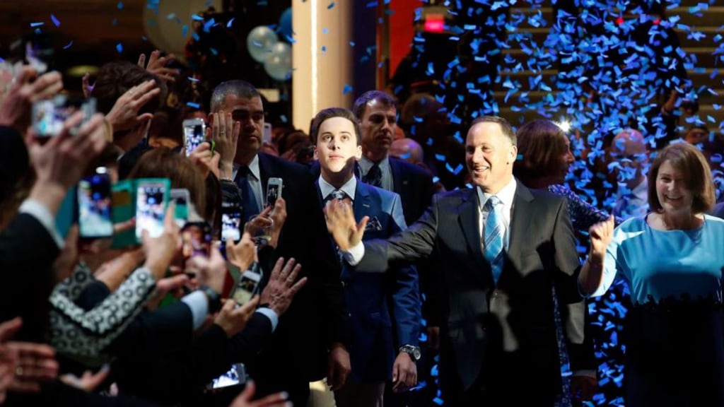 New Zealand’s re-elected prime minister John Key celebrates a landslide general election victory with his wife Bronagh (R) and son Max (L) in Auckland. Photograph: Nigel Marple/Reuters.