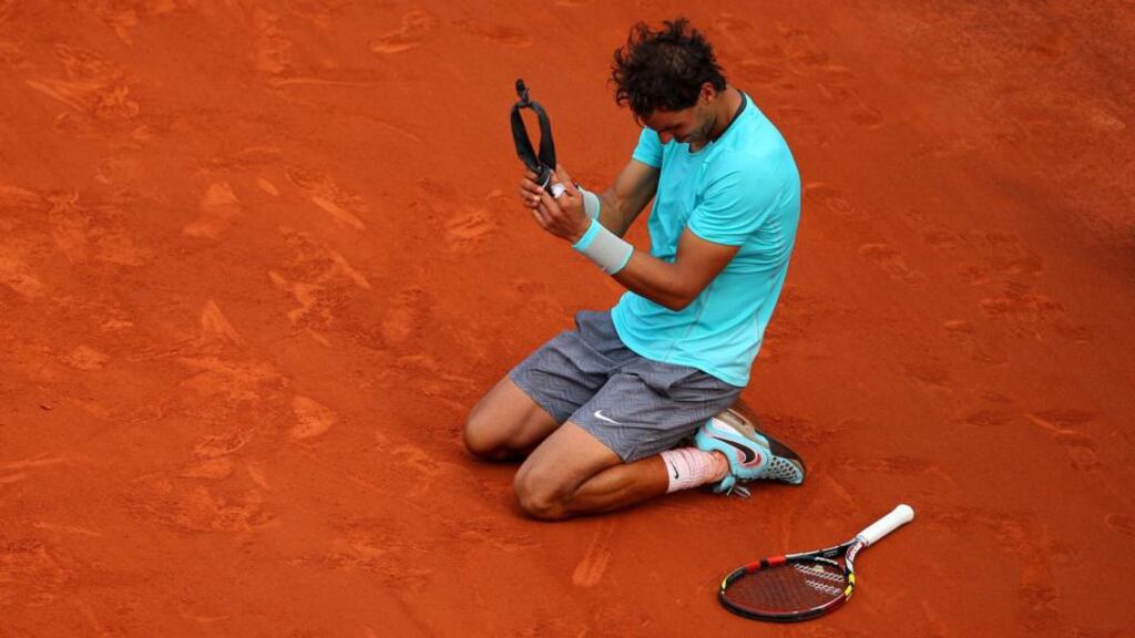 Rafael Nadal of Spain celebrates match point at his men’s singles final match against Novak Djokovic of Serbia at the French Open. Photograph: Clive Brunskill/Getty Images