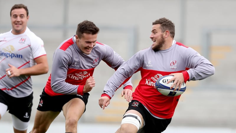 Sean Reidy with Jacob Stockdale during Ulster training ahead of their European opener. Photo: Tommy Dickson/Inpho