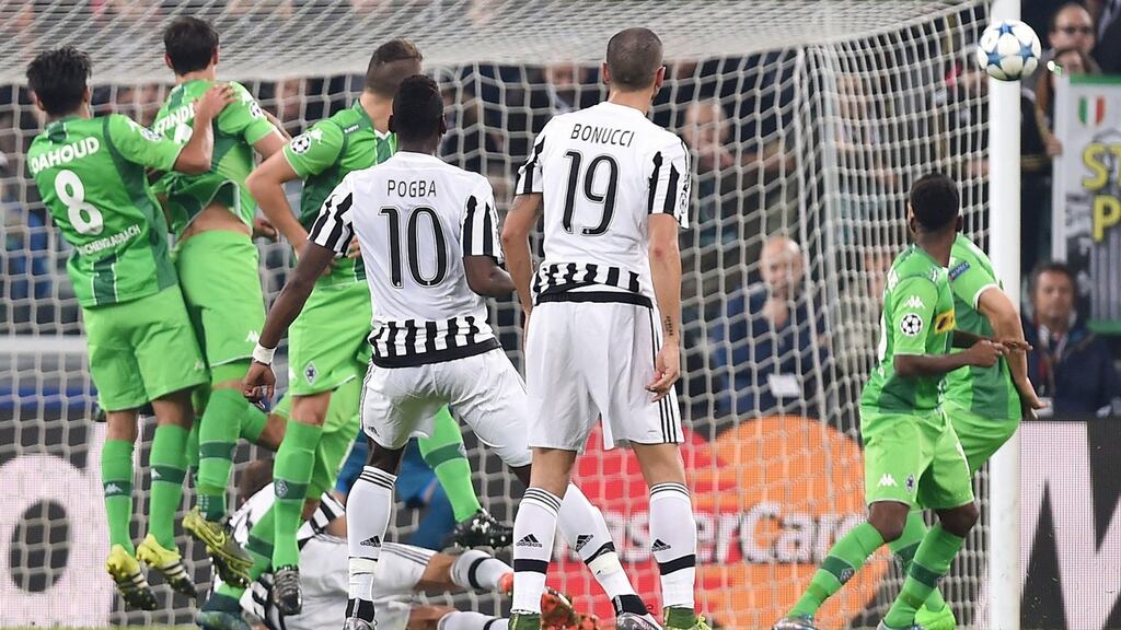 Juventus’ Paul Pogba takes a free-kick during their Champions League match against Borussia Monchengladbach. Photo: Alessandro Di Marco/PA