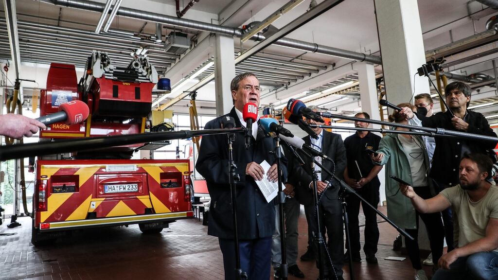Armin Laschet, premier of north Rhine-Westphalia gives a statement after visiting flooded regions in Hagen, Germany on July 15th. Photograph: Friedemann Vogel/EPA