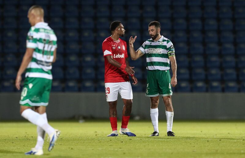 Santa Clara’s Marcus Wendel with Rovers’ Roberto Lopes after the first-leg game. Photograph: Martin Seras Lima/Inpho