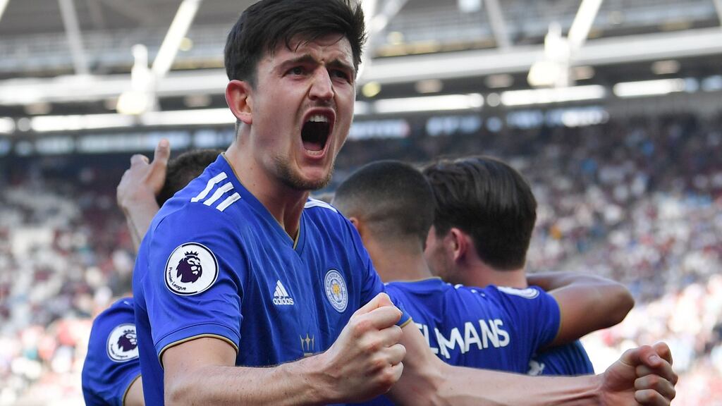 Harry Maguire celebrates during the English Premier League football match between West Ham United and Leicester City at The London Stadium, in east London on April 20, 2019. He became the world’s most expensive defender on August 5th when Manchester United signed him for a reported fee of €86 million. Photograph: Ben STANSALL / AFP/Getty Images