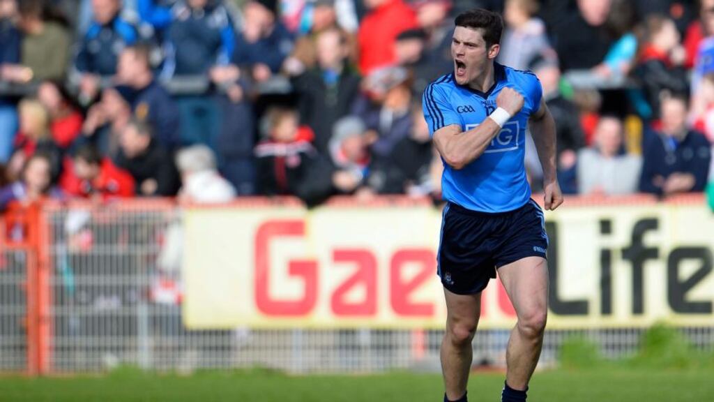 Dublin’s Diarmund Connolly celebrates at the final whistle of his side’s victory over Tyrone. Photograph: Russell Pritchard/Presseye/Inpho