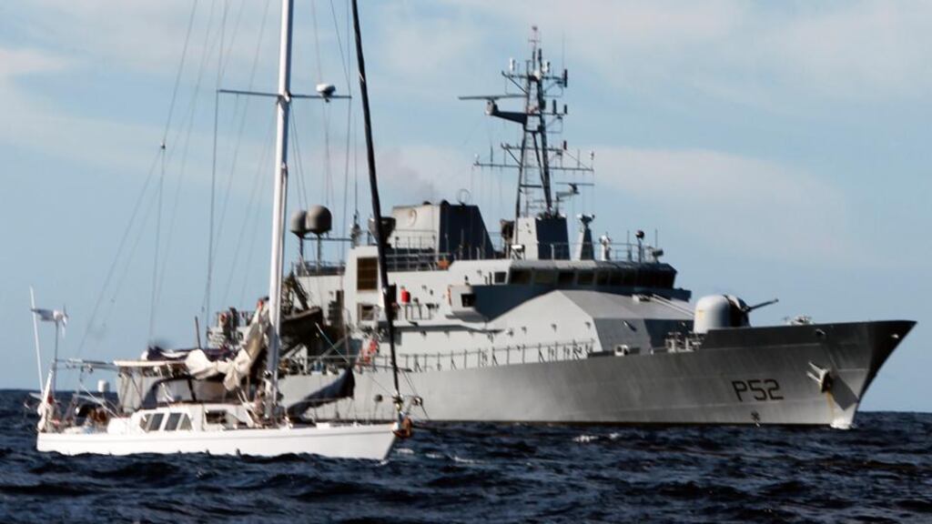 Image supplied by the Irish Naval Service of the detained yacht with up to €100 million worth of cocaine, off the south west coast of Ireland with LE Niamh. Photograph: Provision
