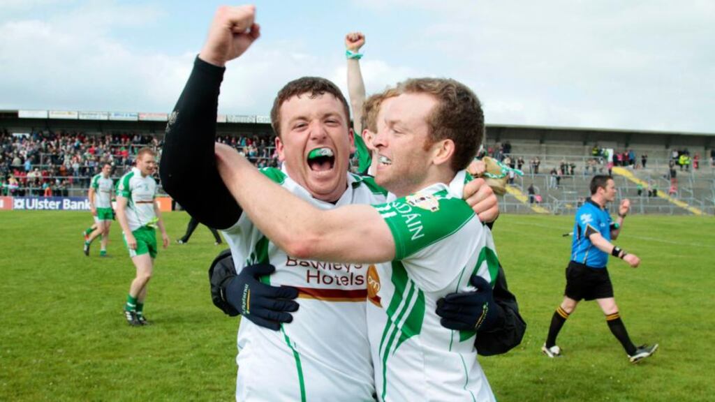 London’s Seán Kelly and Danny Ryan celebrate at the final whistle of their Connacht semi-final against Leitrim