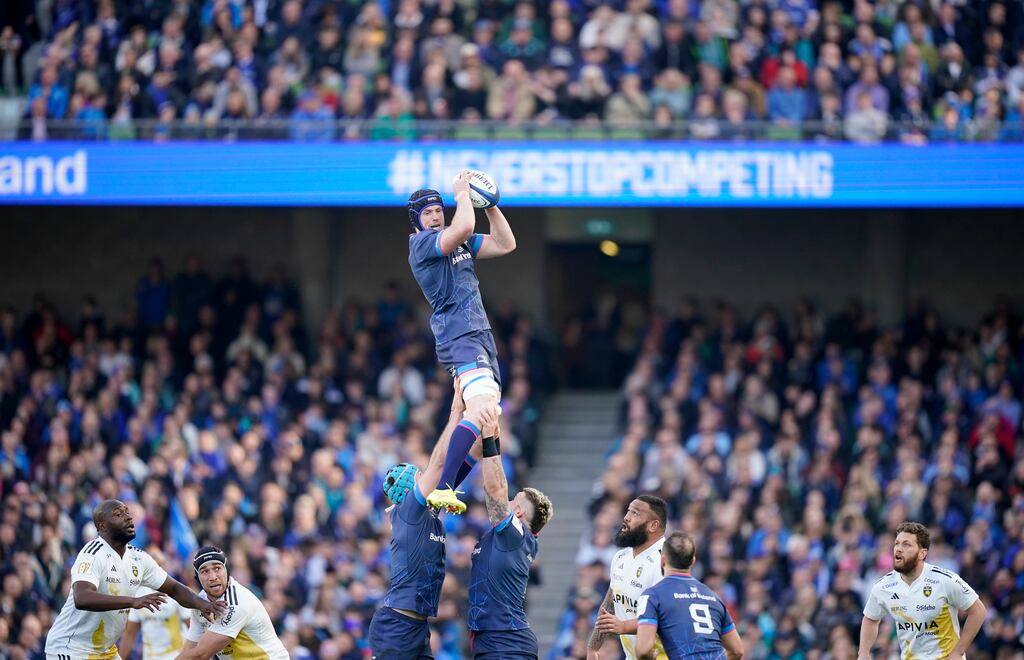 Leinster's Ryan Baird catches a lineout against La Rochelle. Photograph: Niall Carson/PA Wire