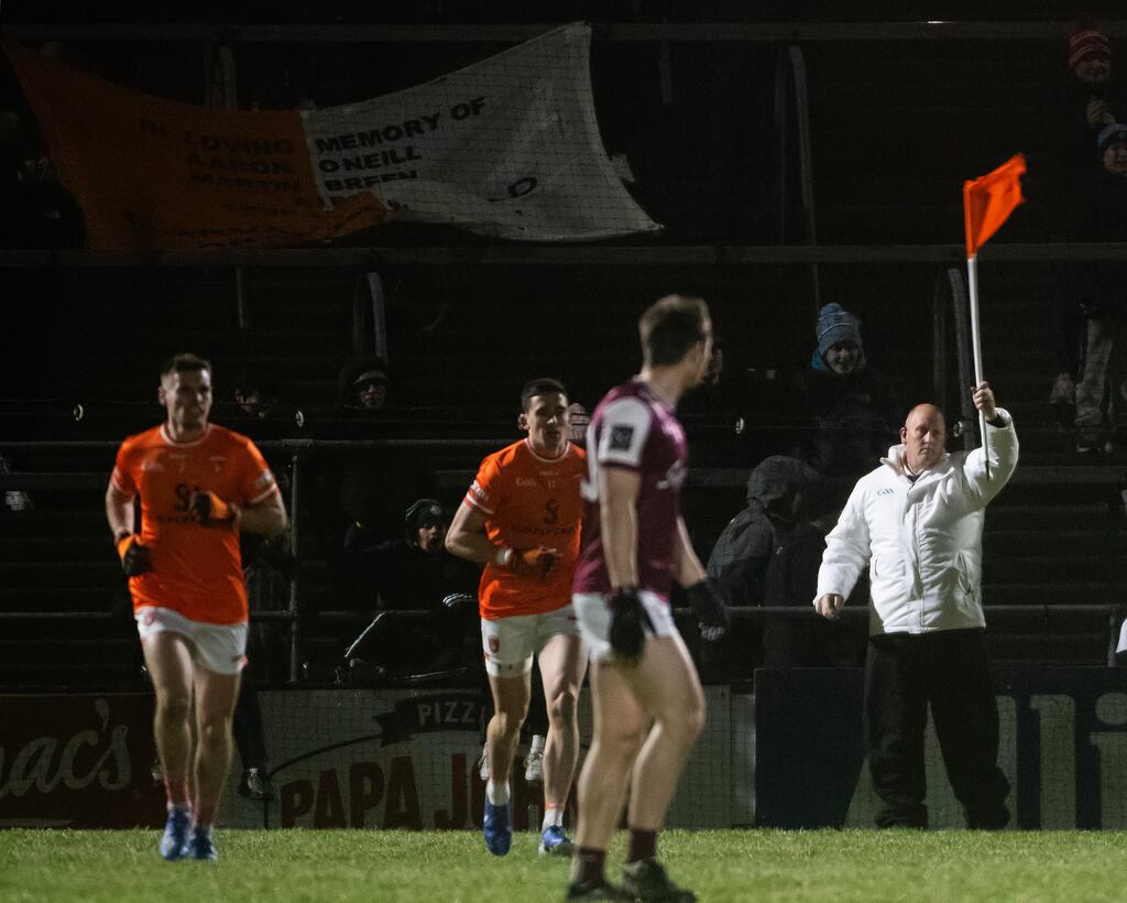 Galway's Cillian Ó Curraoin scoring a two-pointer against Armagh at Pearse Stadium, Co Galway, at the weekend. Photograph: Evan Logan/Inpho
