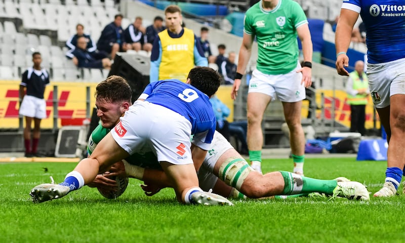 Ireland U20s' Evan O’Connell scores a try against Italy U20s in Cape Town in June 2024. Photograph: Darren Stewart/SteveHaagSports/Inpho