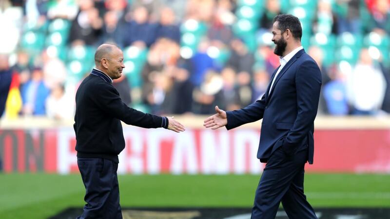 Eddie Jones and Andy Farrell ahead of a Six Nations game at Twickenham in 2021. Photograph: Warren Little/Getty Images