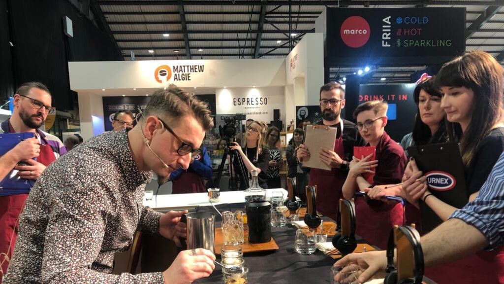 Wojciech Tysler, Irish Barista Champion 2019, performing for the judges at the final which took place at Catex, at the RDS.