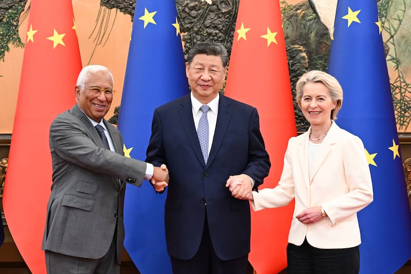 European Council leader António Costa, Chinese president Xi Jinping and European Commission president Ursula von der Leyen. Photograph: Xie Huanchi/Xinhua/AP