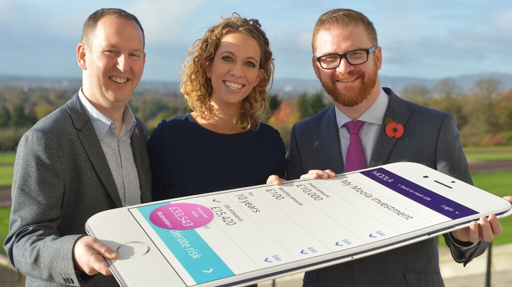 Northern Ireland Economy Minister Simon Hamilton (right) with Moo.la co-founders Andrew Jordan and Gemma Godfrey.