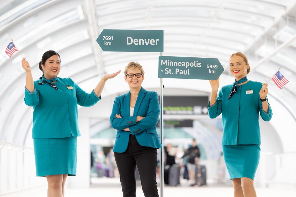 Aer Lingus cabin crew staff member Angela Calinawan; Lynn Embleton, CEO of Aer Lingus; and and cabin crew Ornaith McGuinness at the announcement of a new direct service to Denver, Colorado, and the relaunch of the Minneapolis-St Paul route. Photograph: Naoise Culhane