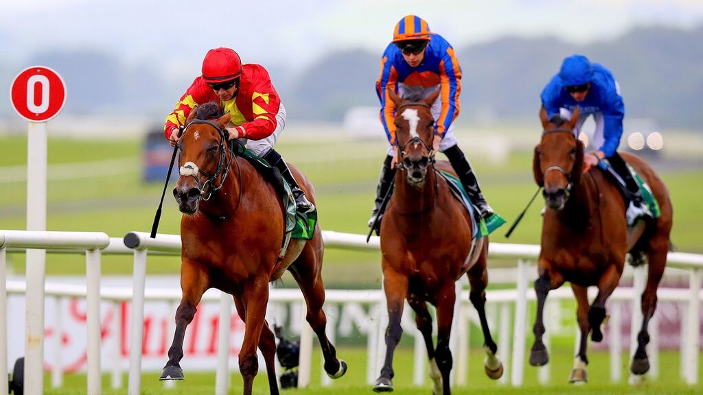 Jockey Wayne Lordan on Iridessa (left)  win the Juddmonte Pretty Polly Stakes at the Curragh. Photograph: Tommy Dickson/Inpho