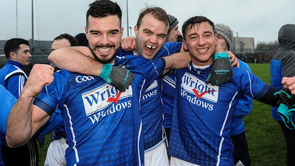 St Lomans’ Neil O’Toole, Billy O’Loughlin and David Whelan celebrate their Leinster semi-final win. Photograph: Tommy Grealy/Inpho