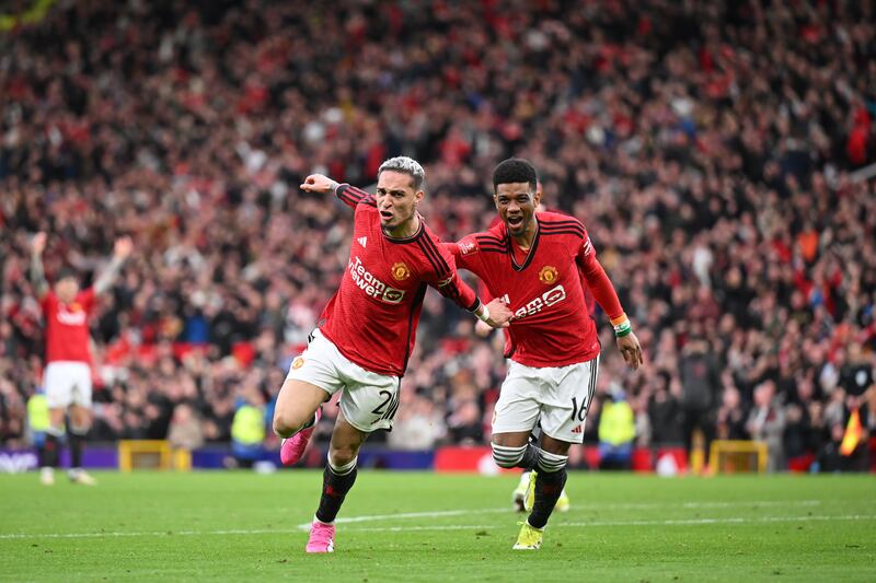 Manchester United's Antony celebrates scoring his team's second goal with team-mate Amad Diallo during the FA Cup quarter-final against Liverpool at Old Trafford on Sunday. Photograph: Michael Regan/Getty Images