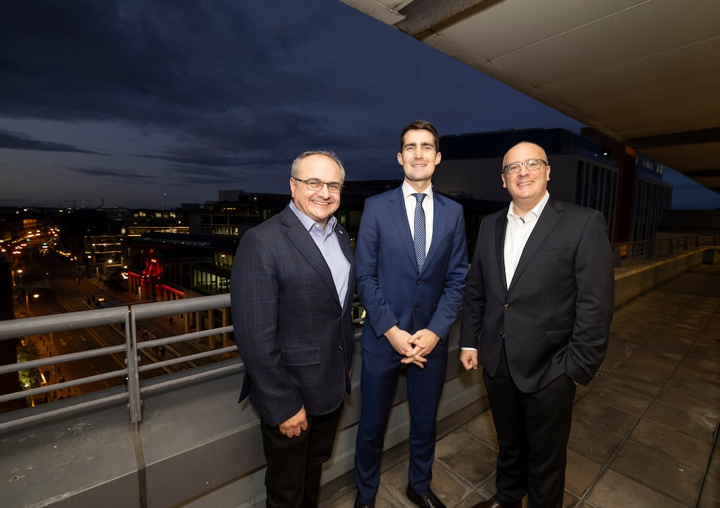Minister Jack Chambers officially opens RSM Ireland's new Irish office in Iveagh Court, Dublin 2. Simon Hart, left, executive chair and the international lead, RSM UK, Minister for Public Expenditure Jack Chambers and Niall May, managing partner of RSM Ireland. Photograph: Jason Clarke.