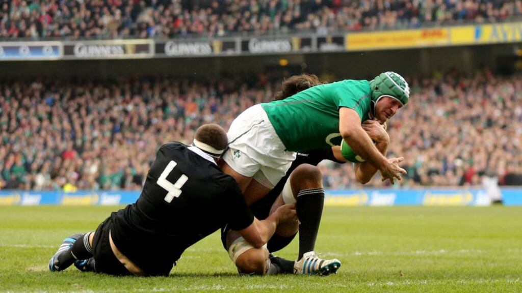Rory Best scores Ireland’s second try during the game against New Zealand at the Aviva Stadium in November. Photograph: James Crombie/Inpho
