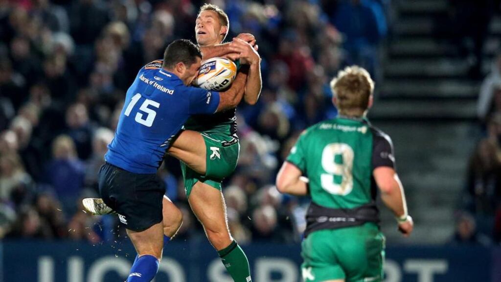 Leinster’s Rob Kearney and Dan Parks of Connacht challenge for the ball during the RaboDirect Pro12 game at the RDS. Photograph: Dan Sheridan/Inpho