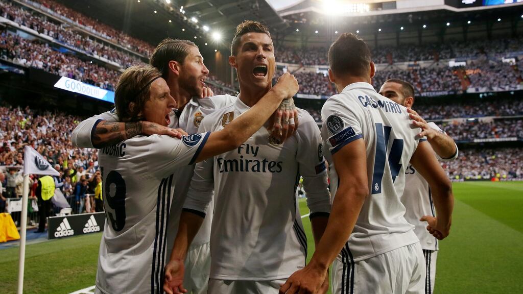 Real Madrid’s Cristiano Ronaldo celebrates scoring at the Bernabeu. Photograph: Reuters