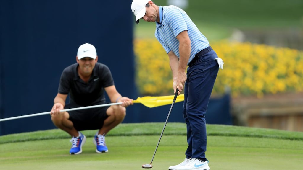 Rory McIlroy of Northern Ireland and caddie Harry Diamond during a practice round on Tuesday at Sawgrass, Ponte Vedra Beach, Florida. Photograph: Sam Greenwood/Getty Images