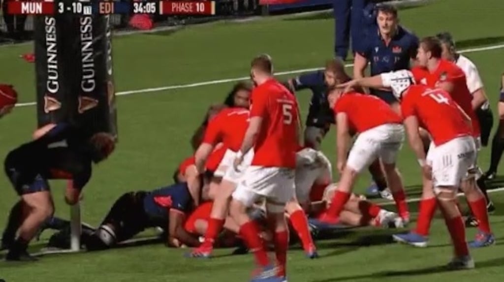 Edinburgh prop Pierre Schoeman lifted the padding from the bottom of the visitors’ left-hand upright, as Munster hooker Rhys Marshall drove for the line.