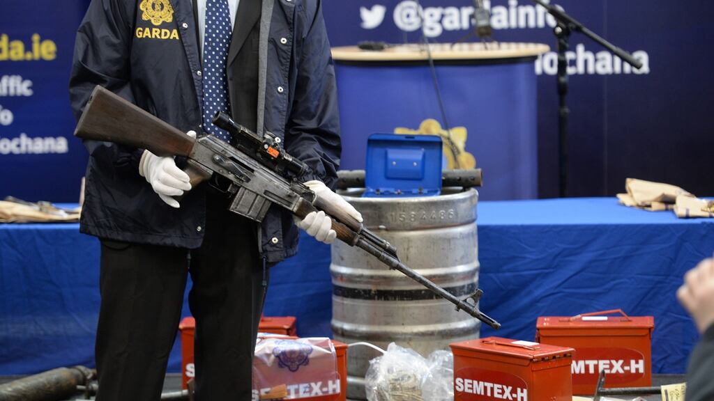 A rifle seized from dissident republicans is shown by gardaí.  Photograph: Dara Mac Donaill/The Irish Times