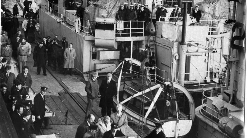 The British frigate H.M.S. Hardy in Rosslare landing bodies of victims of the Aer Lingus crash. Photograph: Dermot Barry