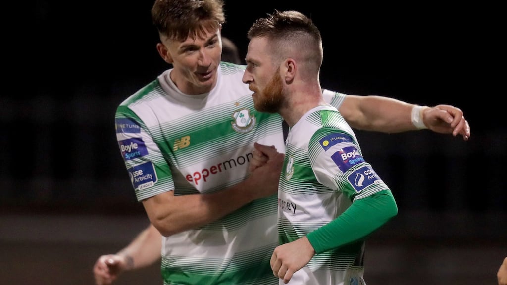 Jack Byrne celebrates scoring a goal with Ronan Finn during the SSE Airtricity League Premier Division match against UCD at Tallaght Stadium. Photograph: Oisín Keniry/Inpho