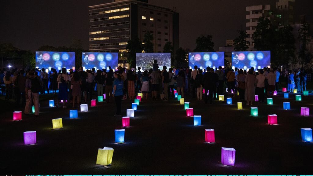A virtual lantern show marks the 75th anniversary of the Hiroshima atomic bombing, in Hiroshima, Japan. Photograph: Carl Court/Getty Images