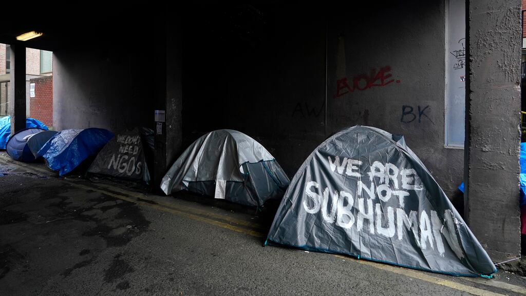 Tents on a Dublin street. The issues of belonging has fundamental implications for individuals' emotional health. Photograph: Niall Carson/PA