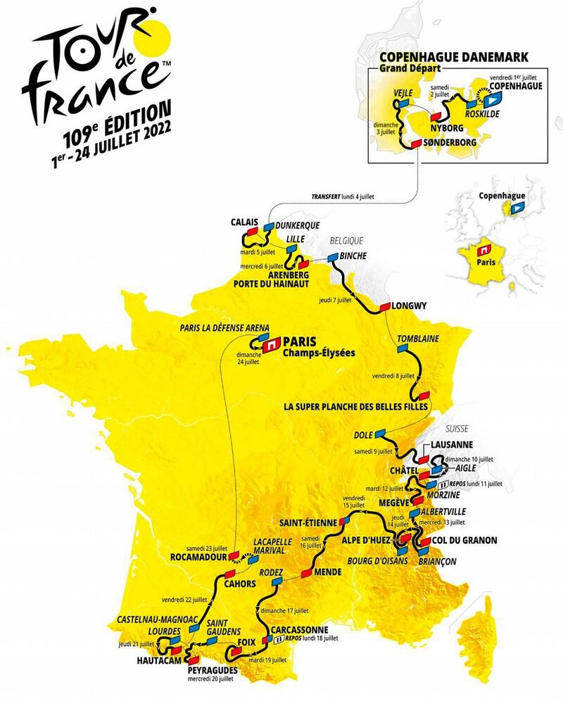Roadmap of the 2022 Tour de France The 109th edition of the famous cycling race will start on July 1st in Copenhagen, Denmark, to end on the Champs-Elysees avenue in Paris on July 24th.