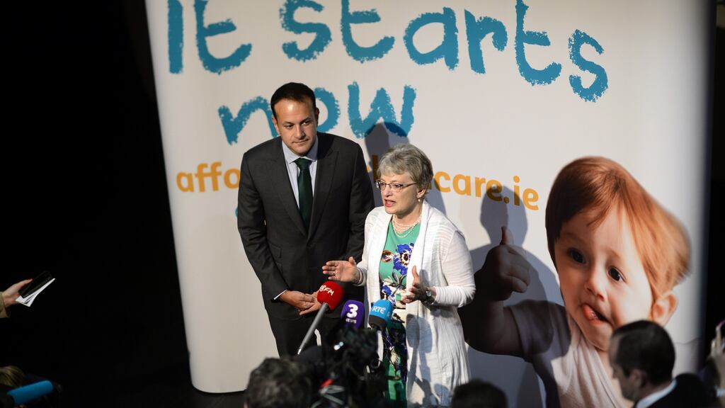 Taoiseach Leo Varadkar and Minister for Children Katherine Zappone at the launch of a childcare support campaign. Childcare costs are preventing people from working, an Oireachtas committee said. Photograph: Cyril Byrne