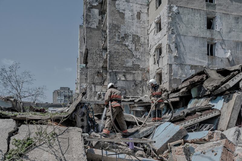 Firefighters work in the rubble of a residential tower hit by a Russian missile in the Serhiivka village of the Bilhorod-Dnistrovskyi district, southwest of Odesa on July 1st. Photograph: Laetitia Vancon/The New York Times