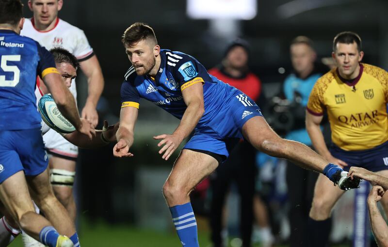 Leinster outhalf Ross Byrne in action against Ulster during the BKT United Rugby Championship match at the RDS. Photograph: Billy Stickland/Inpho