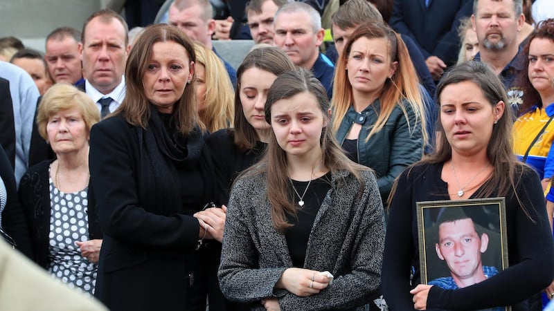 (Left to right) Dermot Byrne’s mother Phyllis, his wife Geraldine and daughters Rebecca, Shawna and Emma at St Colmcille’s Church in Swords. Photograph: Colin Keegan/Collins
