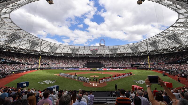 The teams stand for the national anthem during the MLB London Series game between the New York Yankees and the Boston Red Sox at London Stadium on June 30th in London, England. Photograph: Justin Setterfield/Getty Images