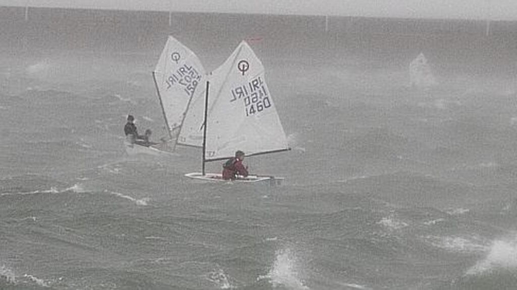 Irish youth sailing team pictured practicing during Storm Brian, Dún Laoghaire pier. Photograph:  Stephen Collins/Collins Photos