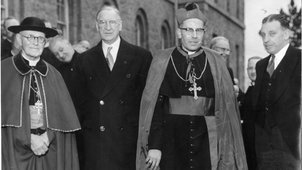 From left: Dr Thomas Morris, archbishop of Cashel, president Éamon de Valera, Cardinal John D’Alton and taoiseach Seán Lemass at Dr Morris’s consecration at Thurles Cathedral in February 1960. Photograph: Gordon Standing
