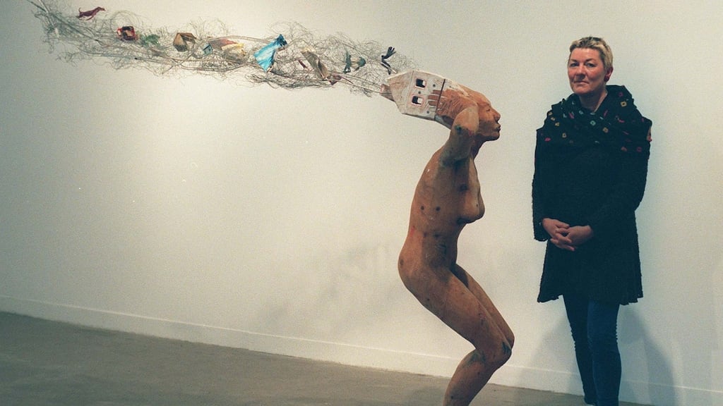 Janet Mullarney in the Temple Bar Gallery in Dublin with one of her works, My Mind is Frazzled. Photograph: Jack McManus