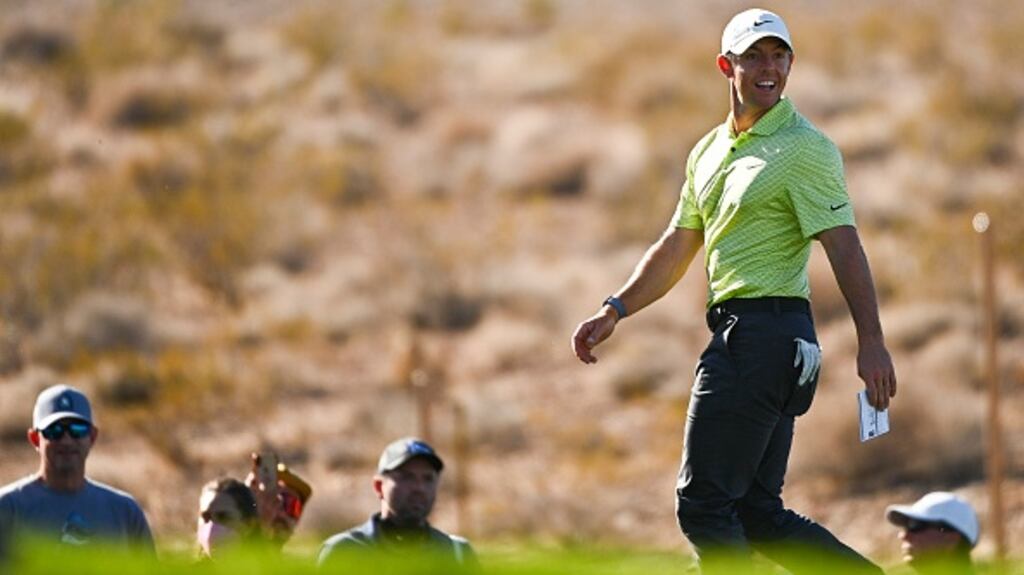 Rory McIlroy smiles on the 18th during his 10-under round of 62 at the CJ Cup in Las Vegas. Photograph:  Alex Goodlett/Getty Images